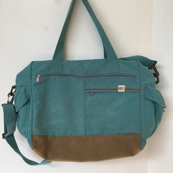 MEC Handbags - MEC Canvas Tote Bag Yoga Gym Weekend Carry On Green Tan Padded Crossbody Strap